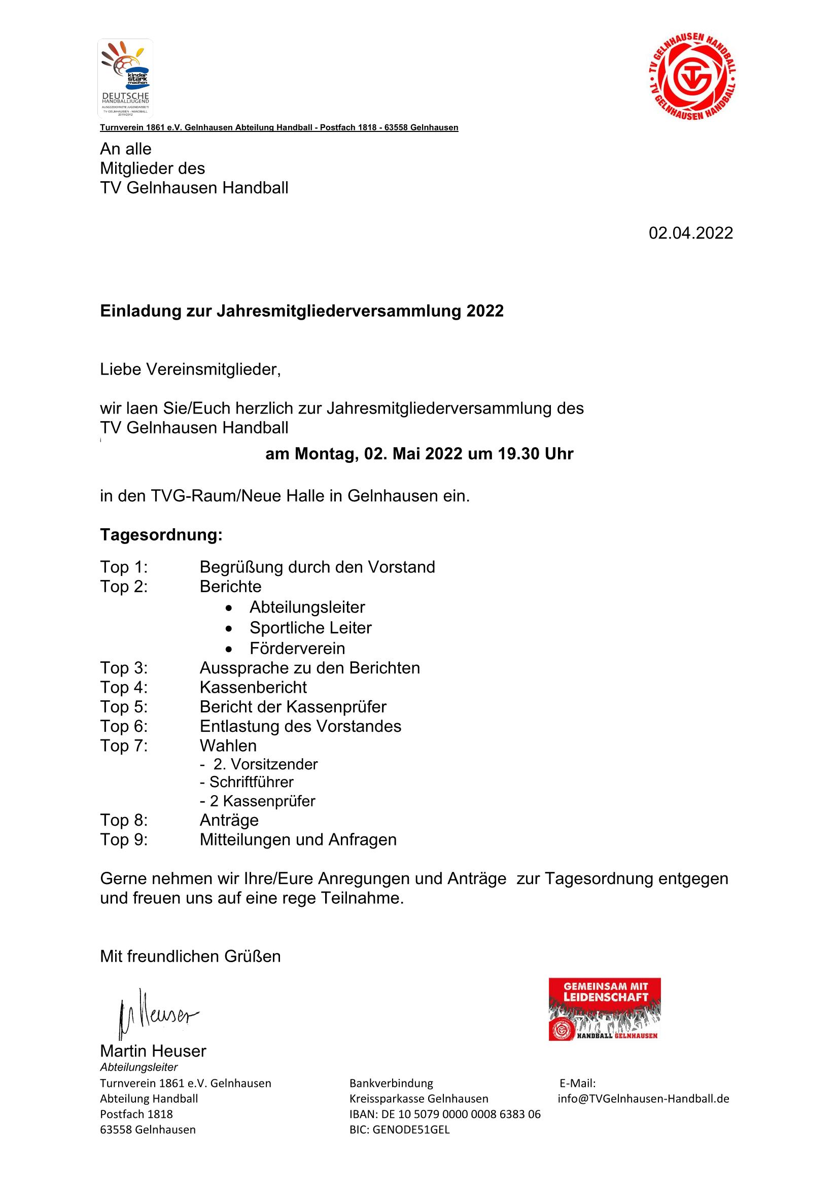 Einladung Jahresmitgliederversammlung 2022 TVG Handball